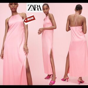 Zara pink satin effect button dress Sz L NWT